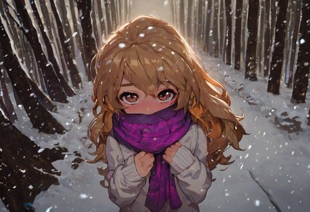 score_9, score_8_up, score_7_up, score_6_up, Aisaka_Taiga, 1girl, perfect face, cute, petite, brown eyes, colored inner hair, glowing hair, long hair, purple glowing scarf, white sweater, winter, snowing, glowing snowflakes, blush, shy smile, shy look, night, dimmed light, snow, from above, fisheye, blizzard, wind, love eyes, forest, trees, path, moonlight, snowdrift