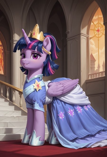 my little pony, ((feral pony)),Twilight_sparkle
<lora:second_coronation_dress_Twilight_sparkle:1> pony, a long elegant lilac dress with white and blue elements, blue shoes, a gold crown with a star in the middle
score_9, score_8_up, score_7_up, score_6_up, score_5_up, score_4_up, rating_safe,  an abandoned castle-like building, the room is in semi-darkness and pierced by rays of light shining through the high arched window openings, a wide staircase leading upwards to the altar, the staircase is decorated with an elegant baluster railing. Everything is covered with layers of dust and covered with vegetation,, mlp (( pony, little, )), (high quality, detailed, beautiful), shiny, adorable face, detailed beautiful eyes, realistic, outstanding, contrast, detailed soft lighting, fluff in ears, ((pony,)), (high quality, detailed, beautiful), shiny, adorable face, detailed beautiful eyes, realistic, outstanding, contrast, detailed soft lighting, fluff in ears, cinematic vintage photography,