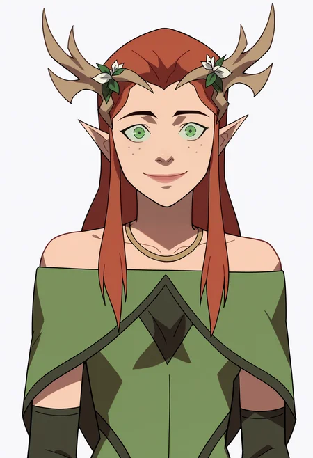 score_9, score_8_up, score_7_up, BREAK,
1girl, keyleth, ginger hair, green eyes, long hair, pointy ears,
antlers crown, 
bare shoulders, black elbow gloves, green dress,  necklace, formal,
upper body, smile, solo, looking at viewer, simple background, white background   <lora:KeylethPDXL_byKonan:1>