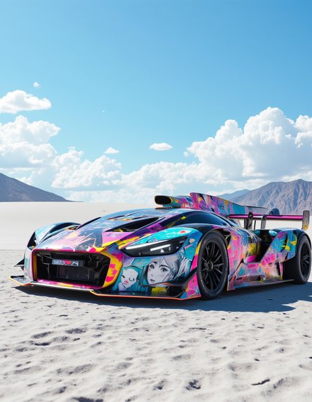 <lora:CWWalls1fluxb:1> wabkg, realistic world, photo. In a vast desert, on a cyberpunk futurist race car with angular shapes, reflective surfaces, industrial aesthetic, there is a colorful paintings of a japanese animation woman portrait with a white cat. Day with blue sky and white clouds. From low angle. From side. Neons.