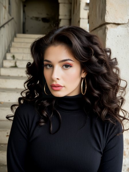 score_9, score_8_up, score_7_up, Al3x4Scout, Alexa Scout, <lora:Al3x4Scout-pony:1>, 1girl, solo, face focused, vintage photography,  makeup, lipstick, big lips, bobbed hair, dark hair, layered hair, photoshoot, aesthetic, sweater, shirt, solo, big hair, looking at viewer, studio lighting, focus, analog film, (ring light), film grain, best quality, photograph, focus, earring, couture, fashion, backdrop, ruins, 90s photograph