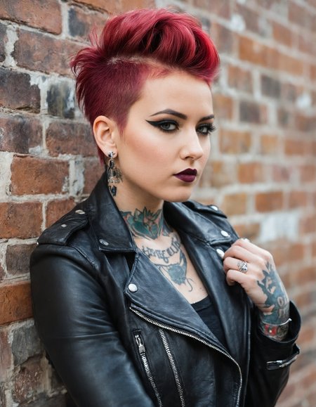 a rebellious look with a woman in punk-inspired clothing, leather jackets and bold makeup,  tattoo, piercing, back alley, graffiti, brick wall,  Hyperdetailed Photography, Skin Details, close-up, against wall,