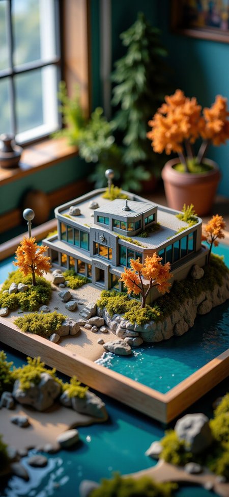 (indoors,indoor,isometric view,side view,tilt-shift lens:2), (fna_style,miniature,miniature,diorama,miniature,diorama,PVC,plastic:2),starry night (autumn:1.5) ,(forest:0.2),(colorful,Rust_Decay:2) (moss,ivy,|(office building,shopping center wit glass:2)(office building, convention center with glass:2)), sea,cliff in (wooden square plate:2), on (table:2) at (attic:2.5)   <lora:Fantasy_Novel_Art_Style:1> <lora:Rostpunk:0.2> <lora:Rust_Decay_flux_lora:1> <lora:JJsOfficeBuilding_Flux_r1:0.4>