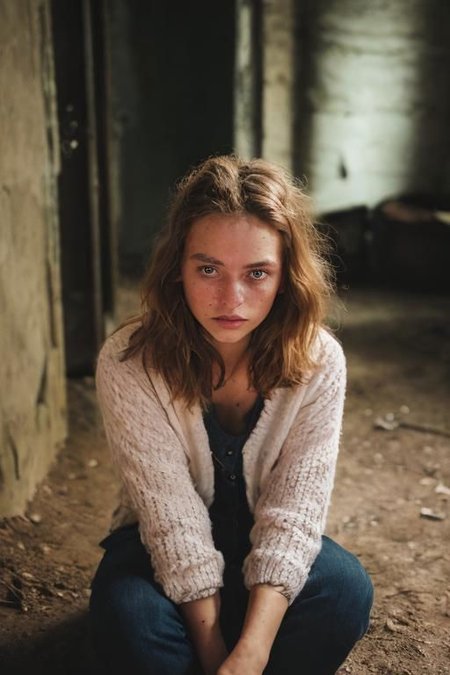 Film still, cinematic, fashion editorial portrait of a cute scared woman, sitting theared weared dirty clothes on ground, brown pastel hair, dark lights, in a dungeon, room as background, suffer, chained, dirt, ((full body)), motion blur, slow shutter speed, bokeh, shot on film, sharp focus, shot on canon, vibrant tones, colorful, low key, (detailed skin texture, detailed eyes)