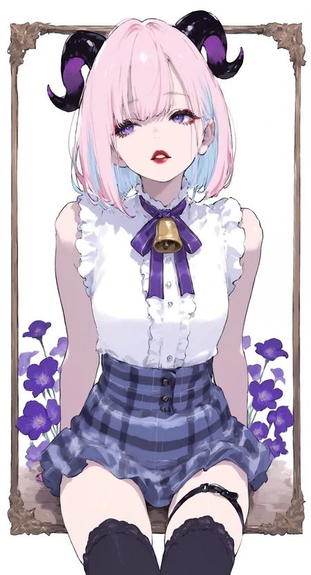 masterpiece, very awa, amazing quality, best quality, newest, highres, very aesthetic, absurdres,
1girl, solo,
short hair, multicolored hair, pink hair, light blue hair, parted lips, red lips, horns, purple eyes, 
neck bell, black thighhighs, frilled shirt, frills, high-waist skirt, violet mini skirt, nail polish, plaid clothes, violet ribbon, sleeveless shirt, violet thigh strap, 
sitting, 
realistic, 
white background, (flowers), 
ma1ma1helmes_b_illu,  h4ra_illu,
 <lora:ponyv6_noobV1_2_adamW:0.5> <lora:ma1ma1helmes_b:0.5>  <lora:takayanagi_katsuya:0.7>  <lora:hara_id_21:0.5>