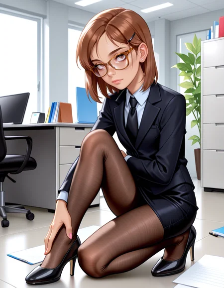 masterpiece, best quality, very aesthetic, absurdres,
indoors, office, 
full body, long eyelashes,
<lora:Megan_v01_NAIXL-000012:1>,
M364n,1girl,brown hair,short hair,hairclip,glasses,brown eyes,freckles,office lady,necktie,suit,pencil skirt,brown pantyhose,high heels,