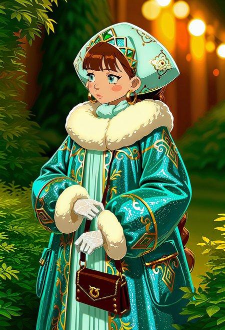 cinematic film still concept art anime artwork masterpiece, best quality, amazing quality, intricate detail, highly detailed, absurdres,
 lubava, 1girl, braid, brown hair, solo,  blush stickers, blue eyes, twin braids, mature, sexy, breast,
Fur hat (ushanka), Diamond-encrusted tiara, silk evening gown, fur-trimmed cashmere coat, platinum necklace with emeralds, gold hoop earrings, designer crocodile leather handbag, stiletto heels with Swarovski crystals, custom-made diamond-studded sunglasses, pearl-embellished gloves, luxury silk scarf with hand-stitched embroidery
 <lora:illustrious_noobai_epsilon_pred_1_best_quality_v1:1> masterpiece, best quality, very aesthetic, absurdres <lora:noobai_vpred_1_masterpieces_v23:1> masterpiece, best quality, very aesthetic <lora:lubava-20:1>  . anime style, vibrant, studio anime, highly detailed . digital artwork, illustrative, painterly, matte painting, highly detailed . shallow depth of field, vignette, highly detailed, high budget Hollywood movie, bokeh, cinemascope, moody, epic, gorgeous, film grain, grainy