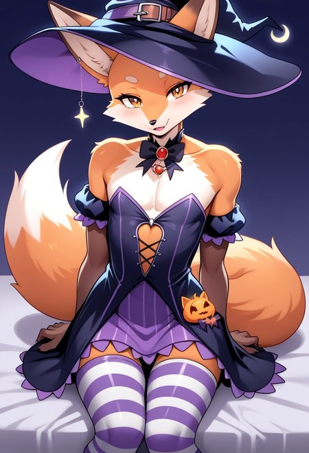 score_9, score_8_up, score_7_up, source_cartoon, 
Solo, one cute fox, male, girly body, posing seductively, (witch costume, short witch dress, ora ge striped leggings, anthropomorphic fox:1.4), on a bed, simple background, (dynamic view:1.2), SomSom Style, easynegative, negative_hand, muscle_mommy