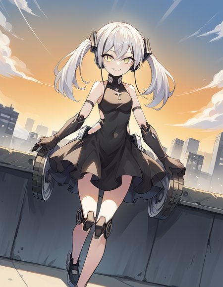 score_9, score_8_up, score_7_up, source_anime, <lora:girlsfrontline-destroyer-ponyxl-lora-nochekaiser:1>, destroyer, white hair, black hair, streaked hair, yellow eyes, cross bangs, multicolored hair,, android, bare shoulders, clothing cutout, dress, gloves, joints, mechanical legs, robot, robot joints, side cutout, twintails,, suburban neighborhood, morning jog, earphones, running shoes, fresh air, sunrise, smile, <lora:seductive-smile-ponyxl-lora-nochekaiser:1>, seductive smile, come hither, naughty face,, looking at viewer, solo,, dutch angle, cowboy shot