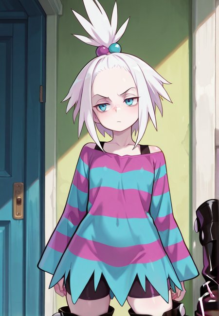 masterpiece, best quality, amazing quality, very aesthetic, absurdres,  newest, detailed background,
roxie, 1girl, topknot, white hair, blue eyes, pale skin, freckles, forehead, striped dress, bike shorts, boots, cowboy shot
 <lora:Roxie_-_Pokemon_Illustrious:1>
