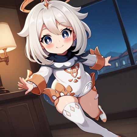 1girl, (curvy), ((wide hips)),, thick thighs, cute, , sexy, small breasts,amazing hips, cute body, quality, masterpiece, absurdres, hyperrealistic, 8k, dramatic, 1girl, solo, thighhighs, paimon (genshin impact), long sleeves, white dress, dress, halo, thighhighs under boots, single thighhigh, bangs, boots, hair between eyes, white footwear, white thighhighs, white hair, best quality, masterpiece, absurdres, hyperrealistic, 8k, dramatic, jumping, mid air, smile, short legs, Paimon_(Genshin_Impact) 
, curious expression, straight bangs, Curtain bangs, pointed bangs, young body, front view, stand up, night, 
 skin, shiny skin,thick thighs,1girl, solo, blush, score_9, score_8_up, score_7_up, score_6, big butt, shortstack,  1girl,  , front view, indoors, medium breats, medius tits,  correct anatomy, correct face, correct eyes, expression of curiosity, expression of surprise, looking at viewer, , not chibi, correct anatomy of face, not error, rights eyes, standing, sky blue eyes, , long stockings,