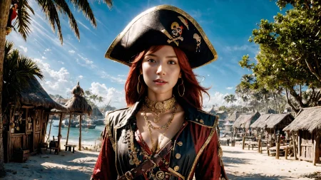 (young redhead pirate woman), (portrait), sharp focus, (ultradetailed), (standing), (happy) smile, pirate (ship galleon:1.2,  hoop earrings, gold medallion, Medium Dark Redpirate clothes, pirate hat, hips, (pirate parrot:1.2),  pirate (village), leafy beach coast, (treasure chest with coins, gems and jewels:1.2), rum barrel, best quality masterpiece,  bright sunny sky, backlight, natural lights, high contrast, hdr, shadows, pretty, beautiful, feminine, sexy, adorable, lovely, in love, (PirateDiffusionprt:0.5),  <lora:Pirate:0.3>  PrateT  <lora:PirateRealms:0.3> <lora:Detail Tweaker LoRA add_detail:0.8> <lora:depth_of_field_slider_v1:5> <lora:SDXLrender_v2.0:0.9>