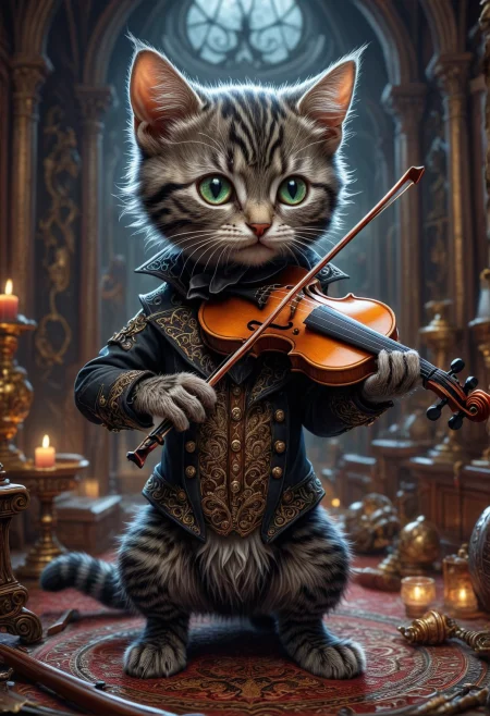 gothic kitten playing a fiddle, intricate details, cinematic, dynamic, lighting, digital painting, hypermaximalism, realistic, life-like <lora:helios2:0.3> <lora:luxart:0.3> <lora:detailed_notrigger:0.7>