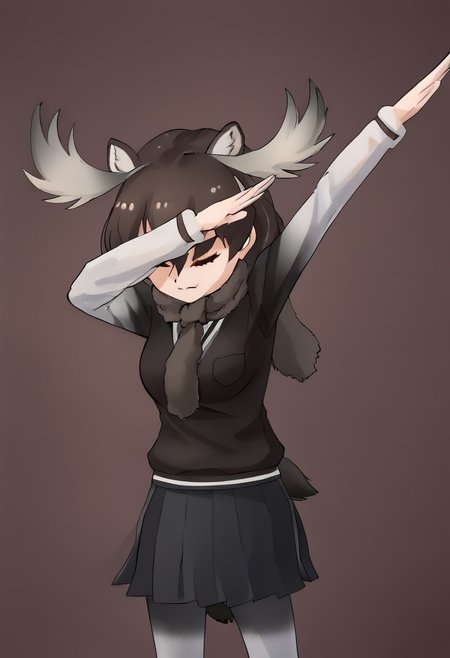 moose (kemono friends), antlers, animal ears, brown eyes, brown hair, tail, hair between eyes, brown shirt, shirt, long sleeves, vest, pleated skirt, black skirt, scarf, grey pantyhose, shoes, breast pocket, (dab \(dance\):2), dense-forest