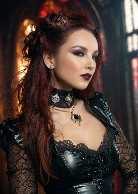 masterpiece, best quality, dark environment, (steampunk:1.5), a woman, long hair, (latex with lace), turtleneck, long earrings, necklace, burlesque, sexy, (((half body))), 8K, extremely detailed, decorated clothing, dragon, bloodwave, dynamic, great lighting, perfect shading, depth of field, soft side light, very detailed glowing background, <lora:MS_DaniWoodward_V1_SDXL:0.8>, <lora:add-detail-xl:0.8>
