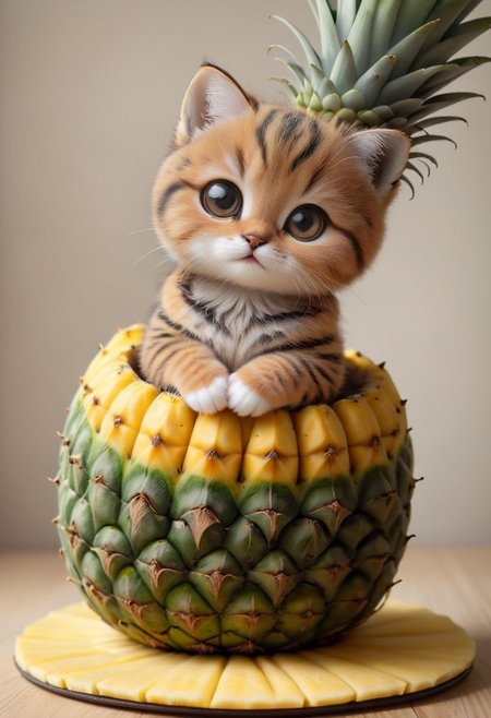 An award winning photo , a cute little baby cat,doing Yoga on a yoga matt in a pineapple costume,, (((cuteness overload))) <lora:add-detail-xl:1>,  <lora:WowifierXL-V2:1>, zhibi