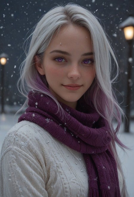 score_9, score_8_up, score_7_up, score_6_up, 
1girl, 25 years old, perfect face, (adult), sexy, close view, 
purple eyes, 
multicolored hair, colored inner hair, white hair, purple glowing hair, purple glowing scarf, 
white sweater,
winter, snowing, snowflakes,
blush, shy smile, 
night,