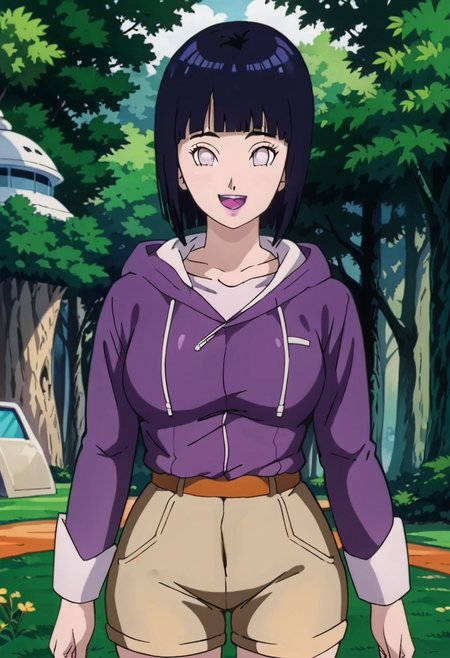 score_9, score_8_up, score_7_up, source_anime,anime screencap,anime coloring,intricate details,masterpiece,
uncensored,
mature female,
hinata, black hair, 1girl, short hair, large breasts, bangs, blunt bangs,white eyes,no pupils, large breasts, 
hoodie,long sleeves,jacket,purple jacket,hood down,layered sleeves,short over long sleeves,white shirt,beige shorts,
open mouth, 
smile,looking at viewer,
perfect anatomy,
scenery,outdoors, east asian architecture, forest,
<lora:Hinata Boruto:0.9> retro artstyle, 90s dbz style, style dragon ball girl,