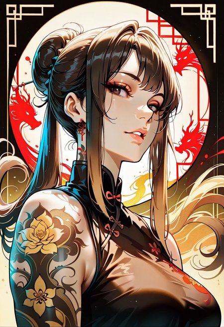 masterpiece, best quality, 32k, high resolution, absurdres, reij-incs, silhouette character, black ink, neon colors, colors splash effect, flowing hair, Mei, MeiRH,  1woman, mature woman, chinese woman, Very long black hair, brown gradient hair, high hair bun, brown eyes, asian eyes, pale skin, medium breasts,  full right arm tattoo, big back tattoo,  portrait, face closeup, front view, sleeveless Chinese dress, color splashes background, aesthetic, detailed eyes,  upper body, looking at the viewer, parted lips