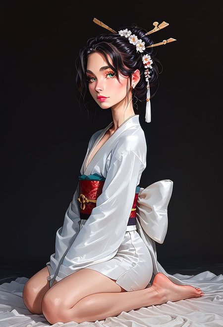 score_9, score_8_up, realistic, photo, highly detailed, fantasy, traditional media, 
/BREAK/ 
solo:1.1, alone:1.1, ((20 year old femboy), Japanese, black hair, feminine face, tall, slim, long face, slim waist, feminine jaws, ((huge eyelashes)), geisha makeup, Japanese kimono, background traditional Japanese home, detailed background, ((geisha make up)), bare feet, exposed feet, dark background, tiny mouth, dark eyes, cherry blossom, bright smile, ((kneeling))