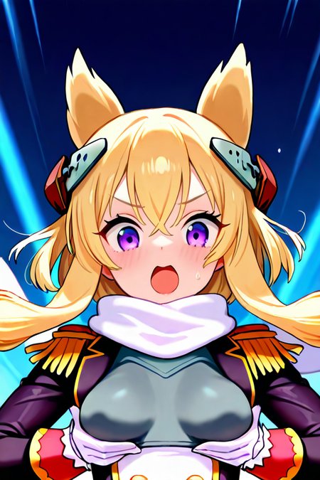 masterpiece, High quality, Ultra detailed, 2d, newest, absurdres, highres, BREAK
1girl, solo, <lora:warspite:0.8>, warspite_(azur_lane), blonde hair, short hair, hair ornament, headgear, hair ears, sidelocks, hair between eyes, purple eyes, scarf, white scarf,
small breasts, warspitedef, long sleeves, black jacket, epaulettes, military uniform, black clothes, Button, white gloves, 
upper body, looking at viewer, surprised, !!,