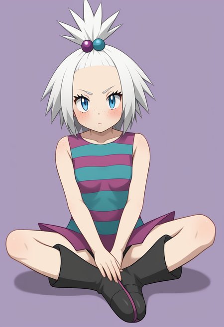 <lora:butterfly_sitting:1>,1girl, alternate_hairstyle, blue_eyes, blush, butterfly_sitting, freckles, full_body, hair_bobbles, hair_down, knee_boots, looking_at_viewer, purple_background, roxie_\(pokemon\), short_hair, simple_background, solo, striped_clothes, striped_shirt, unworn_hair_ornament, white_hair