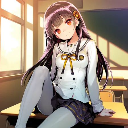 <lora:Mibu_Kikuchiyo_1_nai-000042:1>,Mibu Kikuchiyo,
white pantyhose,hair ornament,long sleeves,skirt,school uniform,
1girl,solo,sitting,on desk,front view,looking at viewer,indoors,smile,arm support,head tilt,knee up,