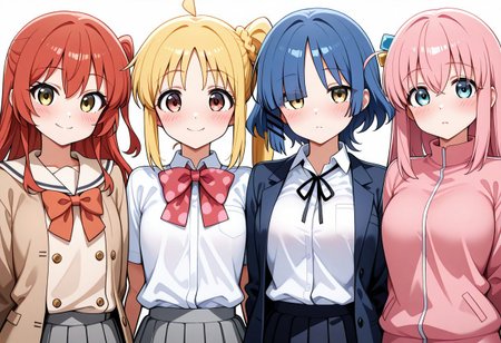 masterpiece, best quality, 
(k1500:1.25), portrait, standing, looking at viewer, blush, dynamic pose, (dutch angle:0.5),
4girls, 
BREAK
yamada ryo, blue hair, short hair, yellow eyes, hairclip, (white shirt:0.8), 
ijichi nijika, blonde hair, red eyes, side ponytail, ahoge, polka dot ribbon, (green jacket:0.8),
BREAK 
gotoh hitori, (pink jacket:0.8), pink hair, long hair, blue eyes, hair ornaments, 
BREAK 
kita ikuyo, (brown jacket:0.8), red hair, green eyes, 
simple background,