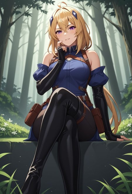 zPDXL3, score_9_up, score_8_up, score_7_up, (Anime_source), 1girl, Ines Harness from Parry, purple eyes, blonde hair, long hair, low tie ponytail, parted lips, STANDING ON WHITE BACKGROUND, air_bow, red_bow, red_ribbon, bare_shoulders, elbow_gloves, belt, bet_pouch, fingerless_gloves, shirt, detached_sleeves, black_shorts, thigh_boots sitting_pose, hand_on_own_knee, hand_on_own_thigh, hand_on_own_chin, crossed_legs, looking_at_viewer, pout, slight_smile, light_blush, parted_lips, amaranth_forest, towering_trees, glowing_mist, bioluminescent_flowers, peaceful_wildlife, ethereal_light, mystical_vibes, tranquil_aura, vibrant_foliage, glowing_fog, magical_atmosphere, fantasy_nature, painterly_style