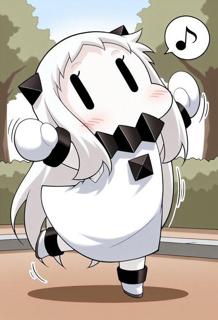 masterpiece, best quality, good quality, newest, <lora:Hoppochan:1>, Hoppochan, chibi, 1girl, colored skin, white skin, horns, white hair, long hair, outdoors, park,
black collar, white mittens, sleeveless dress, white dress,
looking at viewer, dancing, arms up,  \|_\| , motion lines, spoken musical note