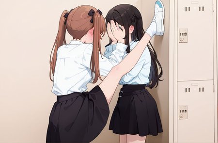 masterpiece,best quality,amazing quality,very aesthetic,absurdres,newest, huge filesize,
<lora:spo_sdxl_10ep_4k-data_lora_webui:0.5>,anime coloring, anime screenshot, flat color, 
<lora:add-detail-xl:0.8>
locker_foot_kabedon_(meme), against wall, 2girls,  covering face, blush, <lora:locker_foot_kabedon_meme-000006:0.9>
<lora:girumasu:1>girumasuV1,
skirt, g_alina,
long hair,shirt,long sleeves, 
white shirt,
black skirt, 
black hair , 
brown hair, twintails,