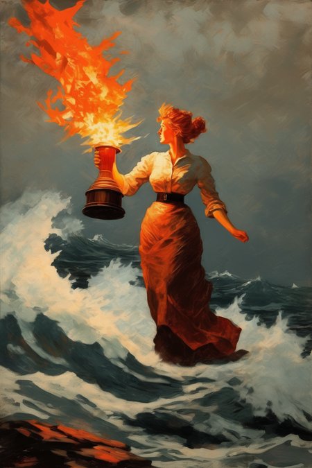 <lora:Winslow Homer Style:1>Winslow Homer Style - American realism paintingcrashing waves of one solitary woman holding flaming torchhigh like statue of liberty wearing crown skyscrapers backgound crashing waves in style of winslow homer