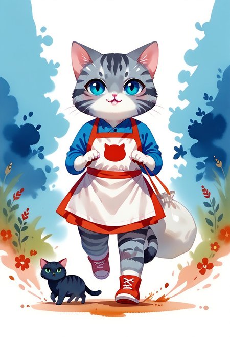 score_7_up, score_8_up, score_9, (full body:1.15), cat, animal kitten, chibi animal cat, Kus1cat, Chibi Art Style, furr, 
cute cat, game character, very cute, chef, watercolor style,
(gray striped cat with an apron running with a sack of flour:1.21),
(detailed background:1.23), HQ,
