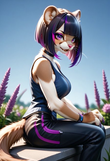 score_9, score_8_up, score_7_up, (view from the side:2), source_furry, slender, slim, fit, WSG02, weasel girl, furry weasel, weasel ears, weasel tail, paws, sitting, (black hair, short hair, blunt bob cut, (blunt bangs:1.5), (violet highlights:1.6)), large breasts, choker, bracelets, sleeveless, blue vest, zipper, black pants