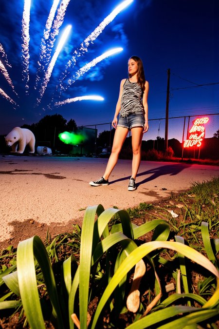 <lora:concept_photography_v2_(angular):1>From deep in the overgrown grass, each blade looms large, warped and shining in the foreground like twisted blades of glass. The uneven pavement behind fades into dusk, scattered with debris and hemmed in by a chain-link fence where a neon sign sputters green into the air. A polar bear stands just beyond, eerily still, its fur catching broken light like polished marble. Overhead, long-exposure fireworks have etched streaks of electric blue and crimson into the bruised sky â curling arcs and spirals that seem to hover, mid-burst. Shot from the dirt with a wide, distorting lens, the world feels swollen and off-axis. Rising from the chaos with legs exaggerated by perspective, a young woman stands in black Converse sneakers, cutoff denim shorts, and a zebra-print tank top, lit sharply from below â her shadow stretched like a monument behind her.
