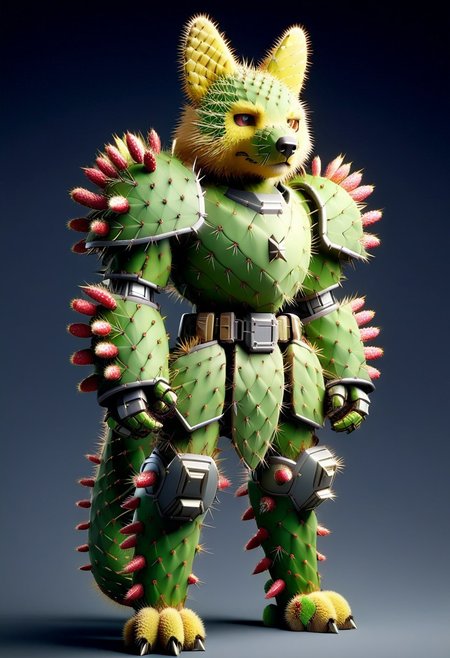 score_9, score_8_up, score_7_up, cs-l3ath3r, NCRender, 
Hidegarurumon is a fierce, wolf-like Digimon covered in rugged, dark brown Prickly Cactus armor. Its fur is sparse and resembles a patchwork of aged, Prickly Cactus  pieces that provide both flexibility and durability. The armor on its body is reinforced with Prickly Cactus  straps and buckles, designed to offer both protection and mobility. Its glowing yellow eyes shine through a mask-like Prickly Cactus  faceplate, and sharp Prickly Cactus claws extend from its paws, capable of tearing through most materials. A large, jagged Prickly Cactus tail swishes behind it, hardened to serve as both a weapon and a tool for balance in combat. NCRender