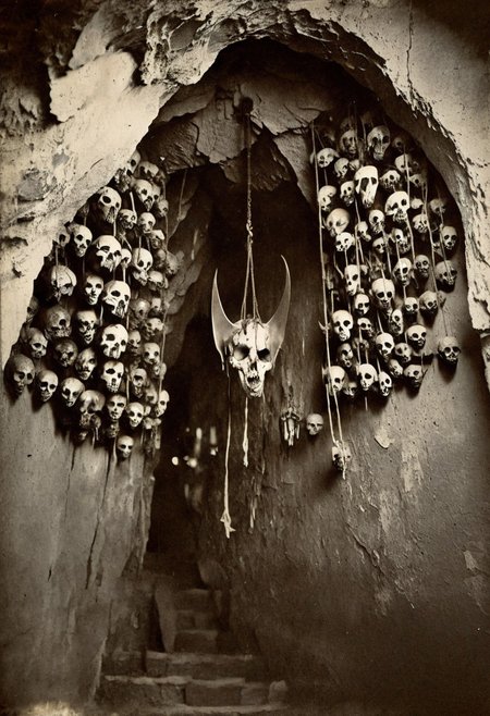 antique photo, eerie atmosphere, creepy, cave, descent into madness, lovecraft horror, walls made of skulls, one bat hanging from the ceiling, <lora:Antique_Photo:1>