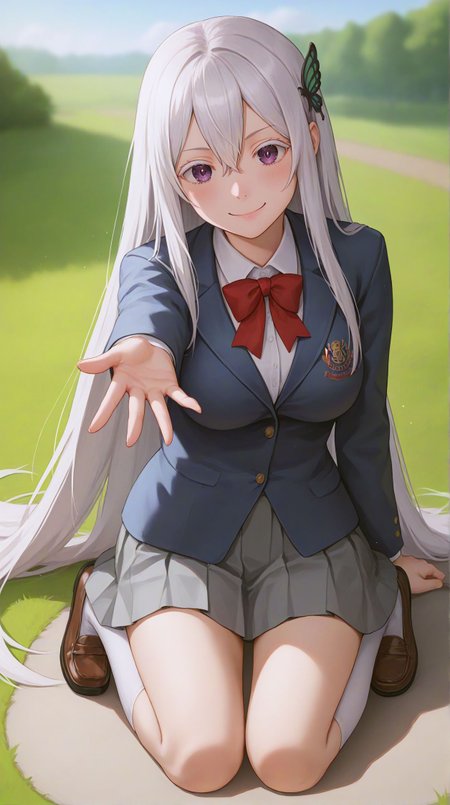 zPDXLxxx,score_9,score_8_up,score_7_up,realistic,masterpiece,best quality,perfect anatomy,very aesthetic,absurdres,
<lora:Quality tweaker_last:-2>,
<lora:Breast Slider - Pony_alpha1.0_rank4_noxattn_last:2>,
<lora:azurlaneXLP6lokrV4236T2:0>,
solo,blush,smile,
sitting,kneeling,arm support,reaching out,outstretched hand,outstretched arm,full_body,
<lora:Echidna PonyXL Anzhc v1.6:1>,
echidna,purple eyes,white hair,hair between eyes,very long hair,butterfly hair ornament,
school uniform,red bowtie,blazer,blue jacket,collared shirt,white shirt,grey skirt,pleated skirt,white socks,kneehighs,shoes,
outdoors,grass,