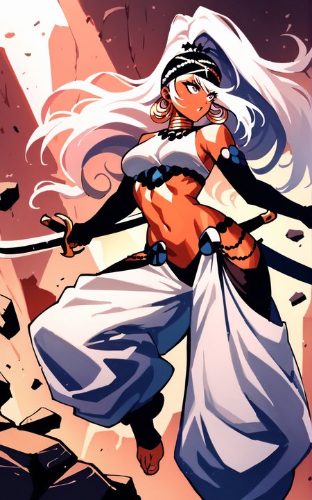 score_9, score_8_up, score_7_up,((best quality)), absurdres,  <lora:BolivanteStyle:0.8>,   <lora:YOPMPXL:0.8>,YOPMPXL, neck ring, white hair, crop top, white crop top, white pants, harem pants, elbow gloves, hairband, black hairband, toeless, midriff, headband, black headband, earrings, hoop earrings,long hair,high ponytail, hip vent, baggy pants,dark skin, dark-skinned female,action pose, rubble, holding sword,sword,dual wielding