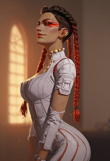 Expressiveh, score_9_up, score_8_up, score_7_up, score_6_up, score_5_up, score_4_up, 1girl, female, Loba (apex legends), flirty, cute pose, smirk, fully clothed, average_breasts, wide hips, bedroom, dutch angle, from_side, ((masterpiece)), best quality, perfect, very aesthetic