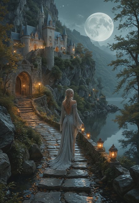 Under a full moon, a beautiful woman with a shimmering silver cloak walks along a stone path leading to an elegant elven castle. The castle, perched on a mountainside, overlooks a valley filled with luminous treehouses. Elves with intricate designs on their skin gather around a sparkling lake nearby.,  <lora:add-detail-xl:1> <lora:MJ52:0.5>