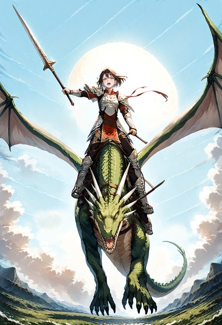 score_9,score_8_up,score_7_up,zPDXL3,unaestheticXL_3x3,field,sky,1girl,1other,close-up,
BREAK wyvern rider,dragon wings,knight,green dragon,dragon riding,sword,holding sword,holding weapon,flying,<lora:wyvern rider-pony-v2:0.9>,fighting stance,v-shaped eyebrows,serious,screaming,glaring,