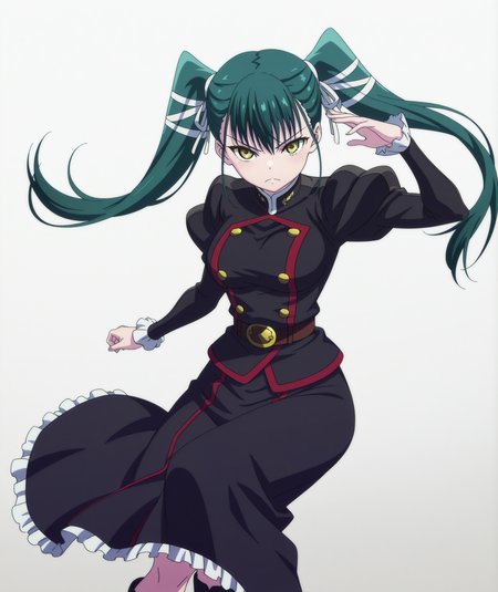 official art, absurdres, highres, anime coloring, hi res, best quality, masterpiece, 2d, intricate details, 4k,
1girl, solo, long hair, bangs, black hair, bow, twintails, yellow eyes, hair bow, green hair, 
breasts, medium breasts, shirt, long sleeves, jacket, belt, black jacket, uniform, military, military uniform, juliet sleeves, frilled sleeves, 
skirt, long dress, long skirt, black skirt, frilled skirt, boots, 
looking at viewer, 
depth of field, white background, gradient background, <lora:Yachiho_Azuma_ILXL:1>, mato seihei no slave, azuma yachiho,