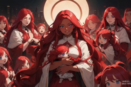 (masterpiece, best quality:1.5), (ultra realistic:1.5), (8k uhd, very high quality:1.5), (extremely detailed face:1.5), (everyone has ruby red hair:1.5), (dark skin mother holding an endless amount of infants and surrounded by an endless amount of her children:1.5), (everyone smiling and happy:1.5), (everyone has bright blue eyes:1.5), (everyone has long ruby red hair:1.5), (the woman is surrounded by endless amounts of her children that fill the entire background:1.5), (the woman is surrounded by an endless amount of her children that fill the entire background:1.5), (city background:1.5), (holding an endless amount of infants, dark skin, ruby red hair:1.5)
