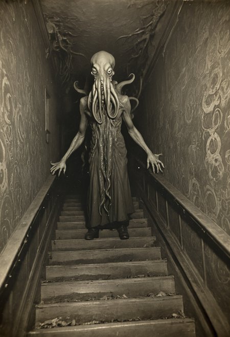 antique photo, eerie atmosphere, creepy, descent into madness, cthulhu mythos, nameless ones,  horror, lovecraft, <lora:Antique_Photo:1>