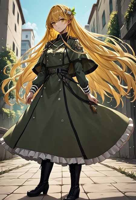 score_9, score_8_up, score_7_up, score_6_up, score_5_up, score_4_up, source_anime, solo, 1girl, 
ExoElis, blonde hair, very long hair, Elis hair, hair ornament, yellow eyes, green military uniform, thighboots, black footwear, capelet, long sleeves, Elis uniform, 
masterpiece, best quality, very aesthetic, absurdres,