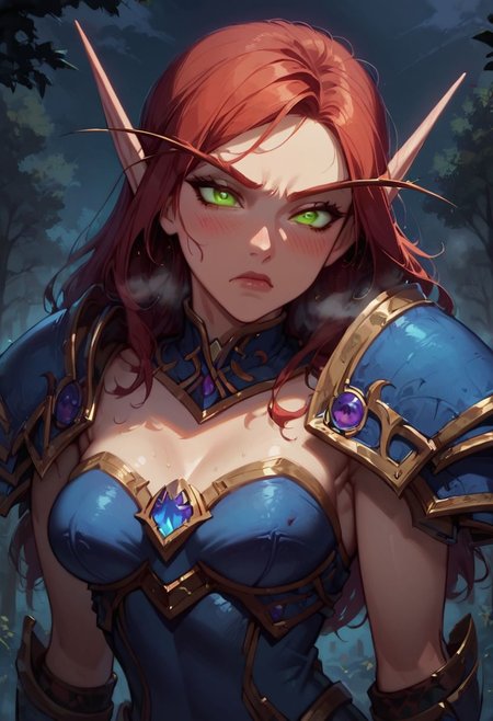 score_9, score_8_up, score_7_up, source anime, anime screencap, masterpiece, expressive eyes, perfect face, cinematic lighting, volumetric lighting, Expressiveh, blood elf from warcraft, red hair , green eyes, warcraft armor, blood elf armor, blue armor boots with high heels, oiled skin, voluptuous, toned, dark theme, low light, solo,  musk, breath,  ((blush)), small breasts, dynamic pose, seductive pose, half-length photo,half-length portrait, angry, hate, frown, dislike, closed mouth,
outdoors, night, forest,