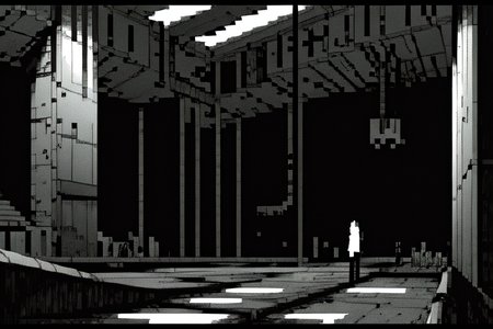highly insanely detailed, masterpiece, top quality, best quality, highres, 4k, 8k, RAW photo, (very aesthetic, beautiful and aesthetic),  
tsutomu nihei,nihei_tsutomu,blame!,blame gakuen!,abara,TNstyle,sidonia_no_kishi,(space,spacecraft,hangar,city ruins,lab,giant room,stairs),steam,mist,fog,fence,buildings,bridge,tentacles,concrete walls,metal walls,star \(sky\),starry sky,letterboxed,light particles,dome,clouds,bones,air conditioner,lantern,ventilation fan,ventilation shaft,wire,gauna,gauna mech,cables,tubes,industrial pipes,drainpipe,futuristic,dark background,dystopia,destroyed,blm,open space, 
<lora:blameLora_v10:1>, 
(1girl:1.3), 
solo focus, 
prison cell,âââ