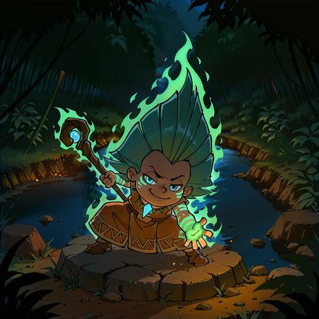 <lora:Neznajka:1.0>, 1 boy, solo, rich colors, badass boy, <lora:princess_xl_v2:0.6>, Neznajka, <lora:aidmaMJ6.1_v0.5_IL:0.6>, strong, druid, blue eyes, , (young:0.9), detailed backgroung,dark fantasy, dynamic, best quality, amazing quality, very aesthetic, absurdres, newest, depth of field, separate focus, dynamic angle, (dynamic composition:1.2), masterpiece, highres, 4k, intricate details,three quarter view, face focus, powerful,druid clothes, nature, (smug:0.8), nature magic,  full body, glowing green tattoos, nature aura, arrogant look, dark, night, pitch darkness, (attacking viewer:1.2), battle pose, close to wiewer, battle, glowing, nature magic,  river, rocks,  green hair, staff, jungle,  casting spell