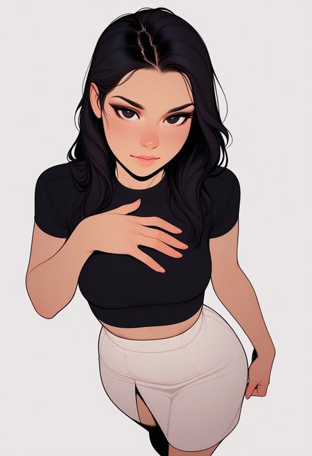 HDR, 8K, high contrast, masterpiece, best quality, amazing quality, very aesthetic, realistic, newest, volumetric lighting, 
(artist:incase:0.5), (artist:tsuaii:0.75), (flat colors:1.5), (white background:2)
A young woman, evening light, long dark hair, swaying gently in the evening breeze, black crop top, white high-waisted 
 skirt, exuding effortless confidence, looking at viewer, (from above:2), detailed hands,